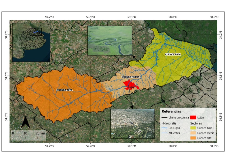Localización de la ciudad de Luján en la cuenca hidrográfica del río Luján.