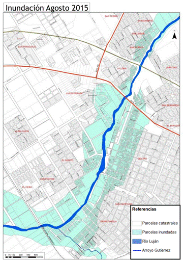 Parcelas urbanas inundadas en agosto 2015 Casco céntrico de Luján.