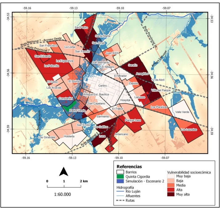 Escenario de inundación 2 y vulnerabilidad socioeconómica.