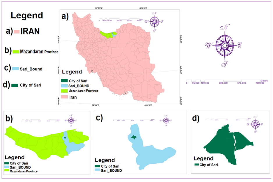 a) Location of Sari city in Iran, b) location in Manzandaran province, c) Sari bound, d) Sari city. 