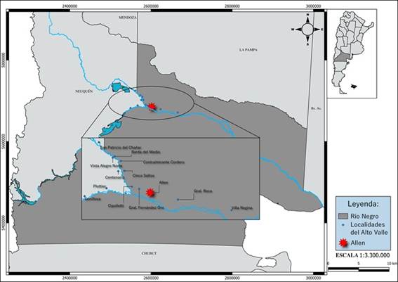 Ubicación del Alto valle del Río Negro en el norte de la Patagonia zoom del área considerada y ubicación en Argentina recuadro superior derecho. 