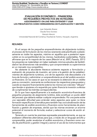 Evaluación económica - financiera de pequeños proyectos en hotelería: asesoramiento on-line para entender y usar los presupuestos como herramientas de planificación y gestión