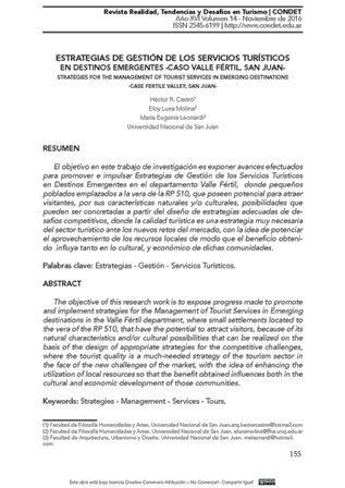 Estrategias de gestión de los servicios turísticos en destinos emergentes -caso valle fértil, San Juan